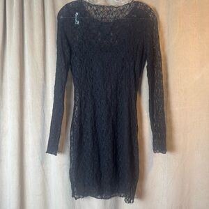 Chic Black  Sleeve Dress goth grunge mini lace with slip stretch size M 90s Y2K